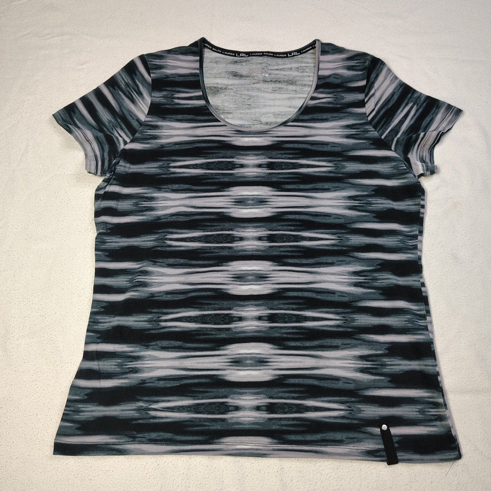 Lauren Ralph Lauren‎ Active Top Women XL Black Grey Abstract Print Short Sleeve